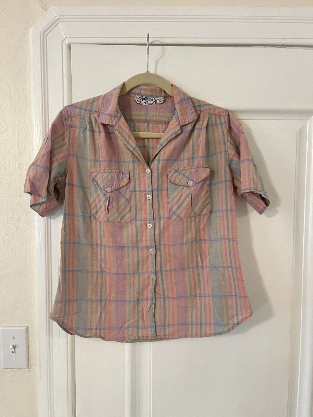 Vintage Short Sleeved Pastel Plaid Camp Collar Shirt 100% Cotton